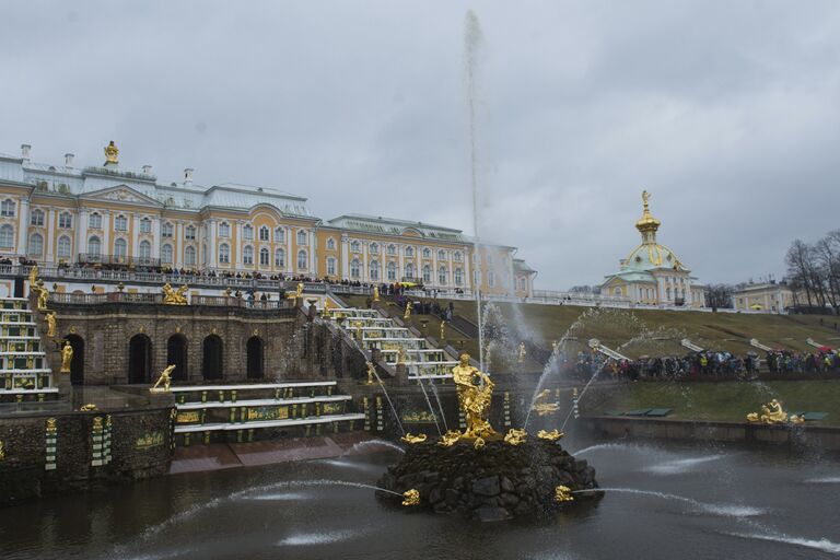 Фонтаны Большого каскада во время открытия нового летнего сезона в Государственном музее-заповеднике Петергоф