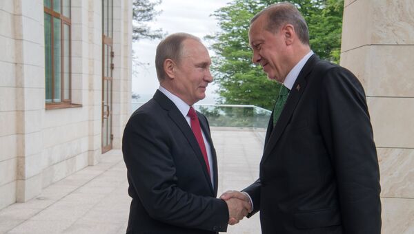 Президент РФ Владимир Путин и президент Турции Реджеп Тайип Эрдоган во время встречи в Сочи. 3 мая 2017