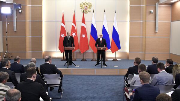 Президент РФ Владимир Путин и президент Турции Реджеп Тайип Эрдоган во время совместной пресс-конференции по итогам встречи в Сочи. 3 мая 2017