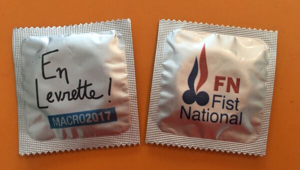Cредство контрацепции с символикой кандидатов в президенты Франции