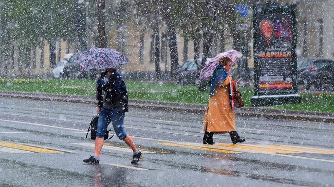 Пешеходы переходят дорогу в Москве во время снегопада. 8 мая 2017