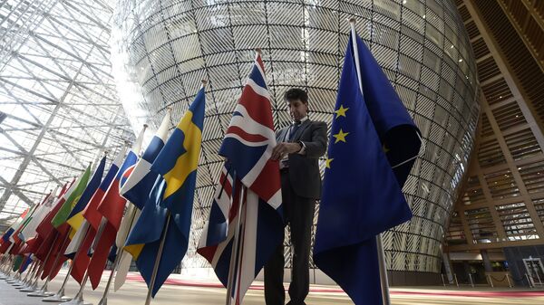Флаги стран-участниц Евросоюза и Великобритании в здании штаб-квартиры ЕС в Брюсселе. Архивное фото
