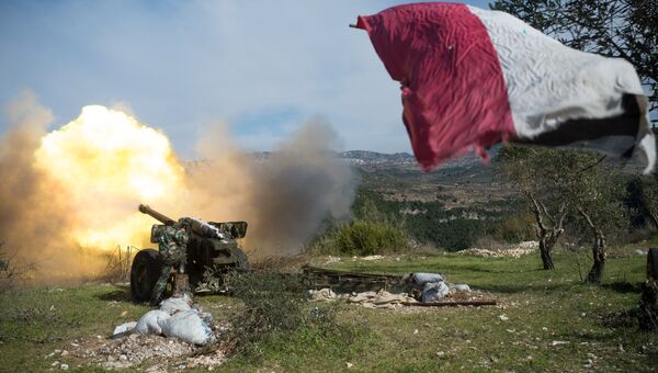 Артиллеристы сирийской армии ведут стрельбу на позициях в провинции Идлиб на северо-востоке Сирии