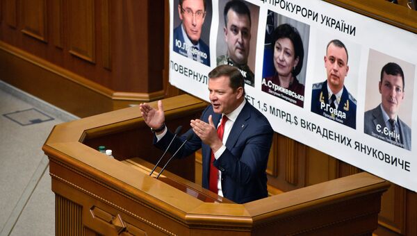 Лидер фракции Радикальной партии Олег Ляшко выступает на заседании Верховной рады Украины в Киеве, 16 мая 2017