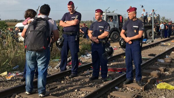 Сотрудники венгерской полиции и мигранты у сербско-венгерской границы