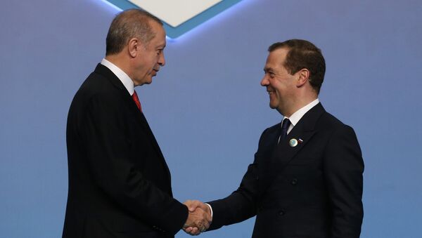 Председатель правительства РФ Дмитрий Медведев и президент Турции Реджеп Тайип Эрдоган на саммите ОЧЭС в Стамбуле. 22 мая 2017