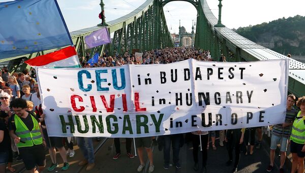 Участники акциии протеста в Будапеште, Венгрия. 21 мая 2017