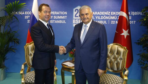 Председатель правительства РФ Дмитрий Медведев и премьер-министр Турции Бинали Йылдырым на саммите ОЧЭС в Стамбуле. 22 мая 2017
