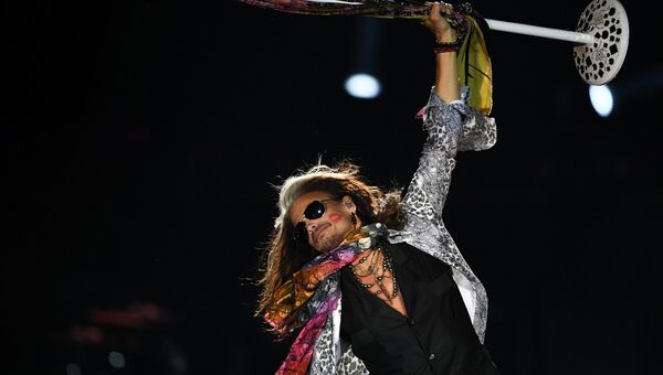 Солист американской группы Aerosmith Стивен Тайлер во время концерта в спорткомплексе Олимпийский в Москве