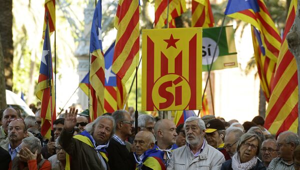 Люди держат эстеладу перед прибытием президента Парламента Каталонии Карме Форкадел к зданию суда в Барселоне, Испания. 8 мая 2017