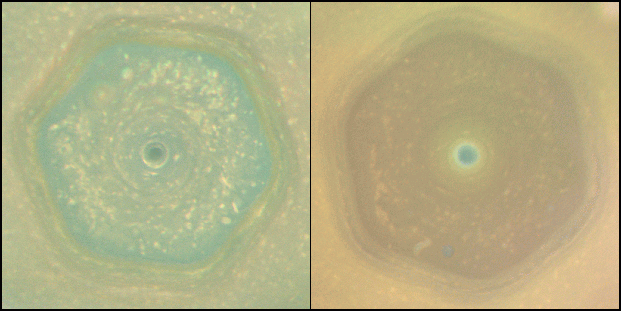 Шестиугольный ураган на северном полюсе Сатурна в 2013 и 2017 годах