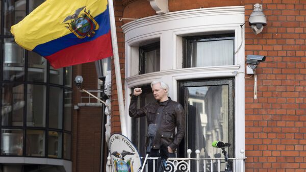 Сооснователь WikiLeaks Джулиан Ассанж на балконе здания посольства Эквадора в Лондоне. Архивное фото