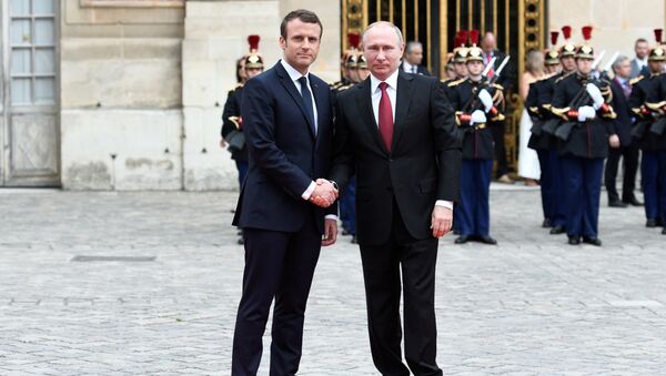 Президент России Владимир Путин и президент Франции Эммануэль Макрон во время встречи в Париже. 29 мая 2017