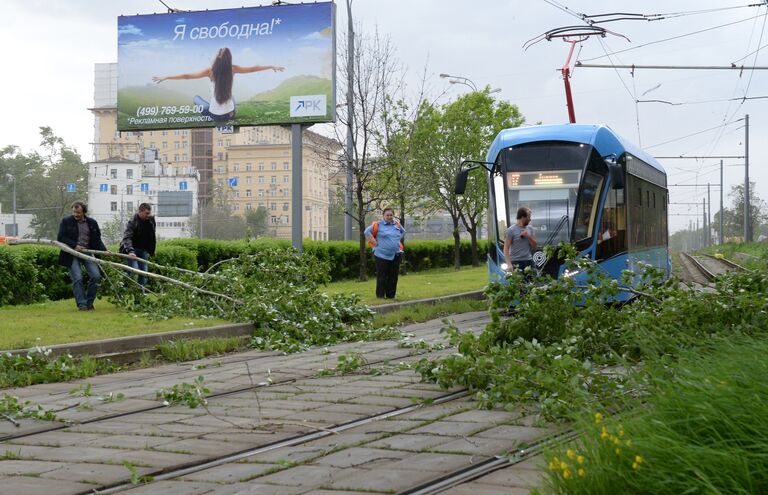 Сломанное ураганом дерево на трамвайных путях в Москве