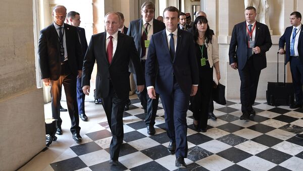 Президент РФ Владимир Путин и президент Франции Эммануэль Макрон перед началом российско-французских переговоров. 29 мая 2017