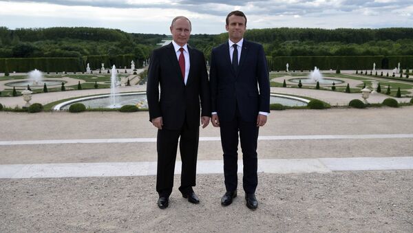 Владимир Путин и президент Франции Эммануэль Макрон во время встречи в Версале. 29 мая 2017
