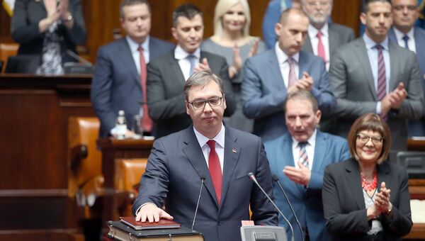 Избранный президент Сербии Александр Вучич во время присяги в Белграде, Сербия. 31 мая 2017