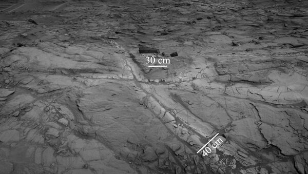 Трещины в породах впадины Бриджера на склонах марсианской горы Шарп, где ученые открыли залежи песка