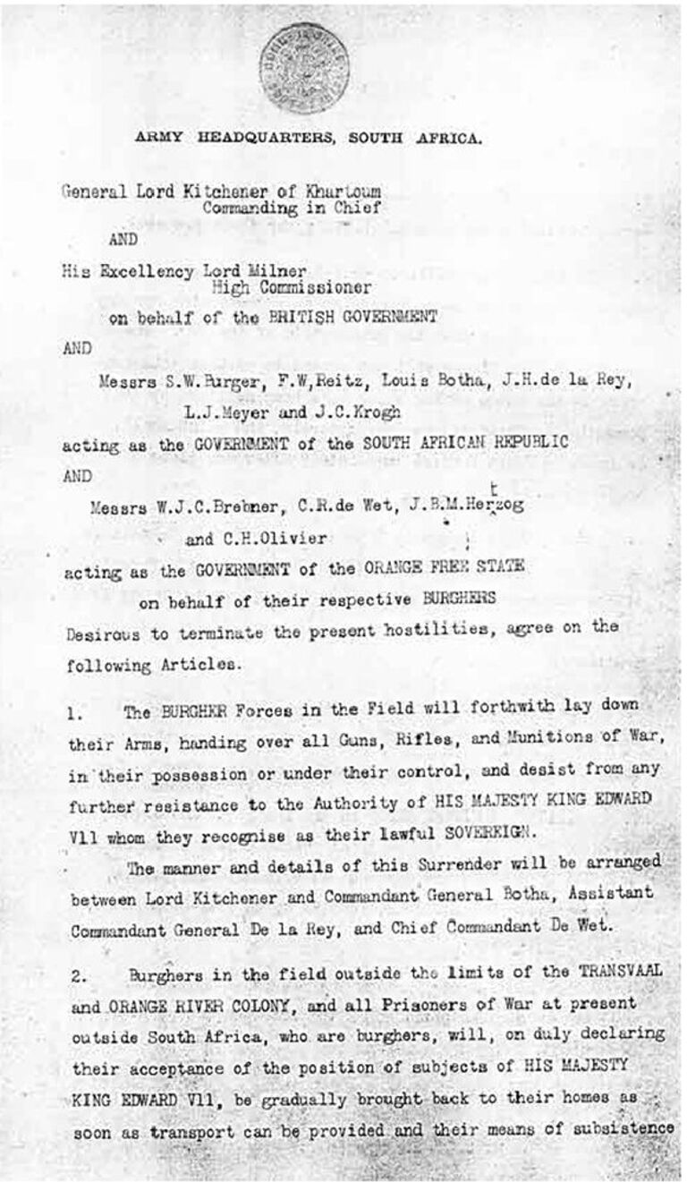 Фрагмент первой страницы Феринихингского мирного договора, подписанного в 1902 году под Преторией Фрагмент первой страницы Феринихингского мирного договора, подписанного в 1902 году под Преторией