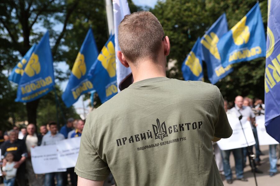 Сторонник Правого сектора (организации, запрещенной в России) на митинге националистов во Львове. 30 мая 2017