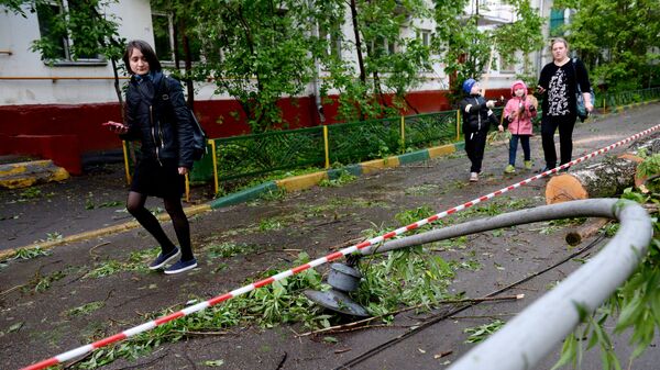 Поваленный ураганом фонарный столб во дворе жилого дома в Москве. 29 мая 2017