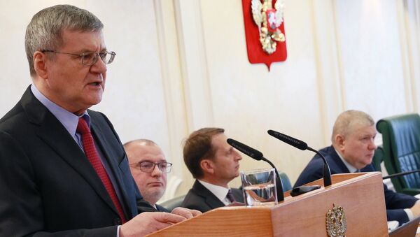 Генеральный прокурор Российской Федерации Юрий Чайка выступает во время слушаний на тему Предотвращение вмешательства во внутренние дела РФ. 7 июня 2017