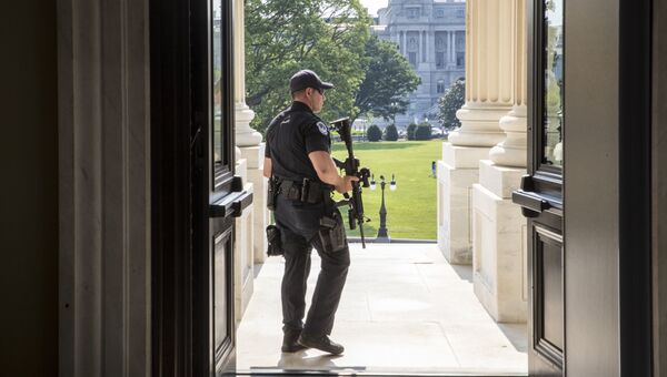 Полицейский у входа в Палату представителей на Капитолийском холме в Вашингтоне. 4 июня 2017