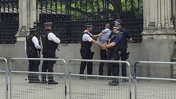 Сотрудники полиции Лондона проводят задержание рядом с парламентом Великобритании. 16 июня 2017