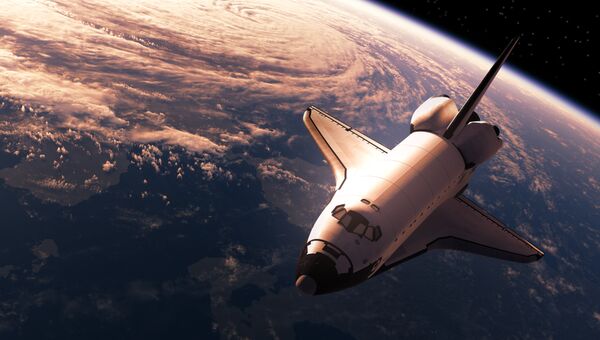Космический корабль в космосе. Трехмерная сцена. Архивное фото