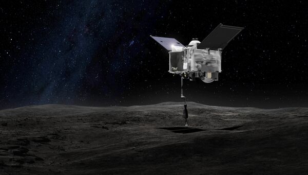 Иллюстрация художника, на которой изображена межпланетная станция OSIRIS-REx, предназначенная для доставки образцов грунта с астероида (101955) Бенну. Запуск станции состоялся 8 сентября 2016 года. Достижение астероида и забор грунта состоится в 2019 году, а возвращение на Землю — в 2023 году.