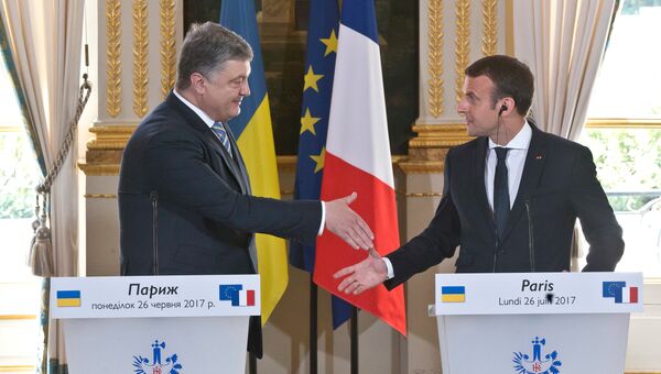 Президент Франции Эммануэль Макрон и президент Украины Петр Порошенко во время встречи в Париже