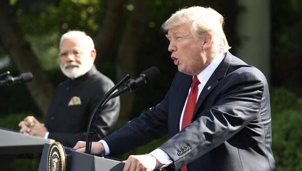 Президент США Дональд Трамп и премьер-министр Индии Нарендра Моди на пресс-конференции в Белом доме в Вашингтоне. 26 июня 2017
