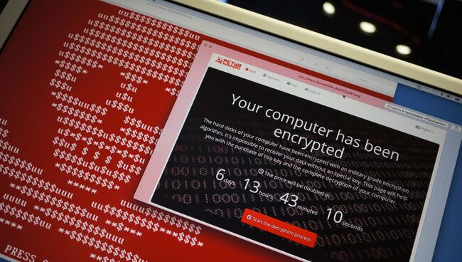 Информационные сообщения вируса-вымогателя Petya на экране монитора. Архивное фото