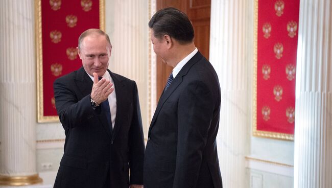 Президент РФ Владимир Путин и председатель Китайской Народной Республики Си Цзиньпин во время встречи в Кремле. 3 июля 2017
