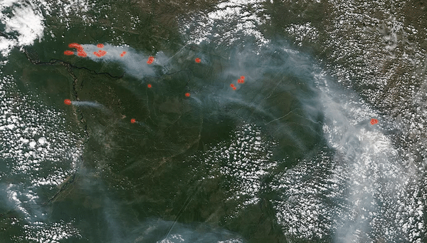 Пожары в лесах Восточной Сибири, снимок со спутников НАСА