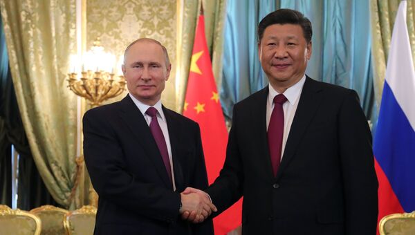 Президент РФ Владимир Путин и председатель Китайской Народной Республики Си Цзиньпин во время встречи. 4 июля 2017