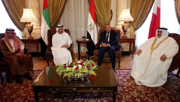Министры иностранных дел стран, участвующих в кризисе в Персидском заливе во время встречи в Каире. 5 июля 2017