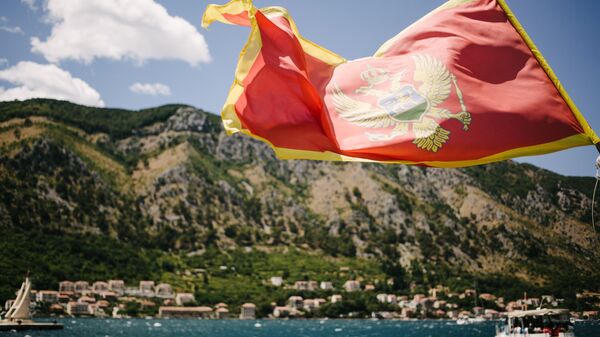 Флаг Черногории на фоне города Котор