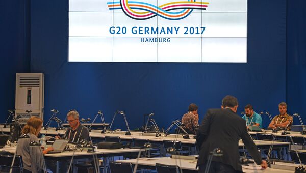 В международном пресс-центре, расположенном в выставочном центре Hamburg Messe в Гамбурге, накануне саммита G20. 6 июля 2017