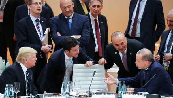 Президент США Дональд Трамп и президент Турции Реджеп Тайип Эрдоган во время саммита G20 в Гамбурге. 7 июля 2017