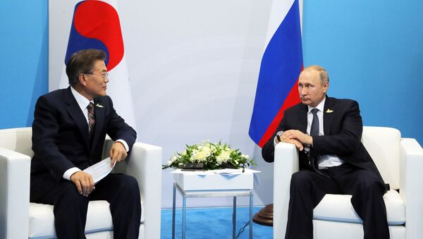 Президент РФ Владимир Путин и президент Республики Корея Мун Чжэ Ин во время встречи на полях саммита лидеров Группы двадцати G20 в Гамбурге. 7 июля 2017