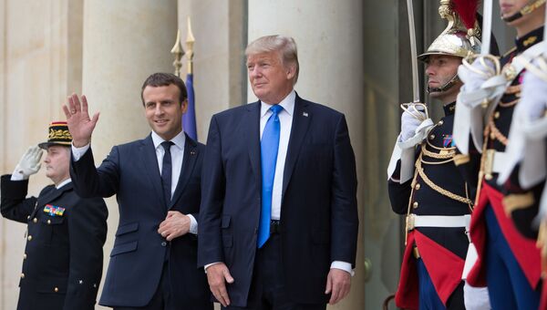 Дональд Трамп и Эммануэль Макрон во время встречи в Париже. Архивное фото