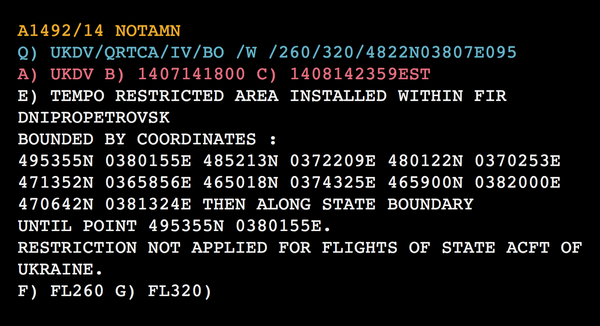 Уведомление NOTAM, разосланное властями Украины экипажам воздушных судов об ограничении минимальной высоты полетов над Донбассом накануне трагедии с MH17 Уведомление NOTAM, разосланное властями Украины экипажам воздушных судов об ограничении минимальной высоты полетов над Донбассом накануне трагедии с MH17