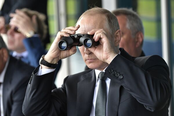 Президент РФ Владимир Путин наблюдает за демонстрационными полетами пилотажных групп во время посещения МАКС-2017