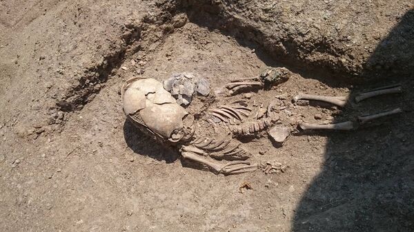 Найденное при раскопках некрополя Кыз-Аул захоронение младенца с деформированным черепом II века н.э. 26 июля 2017