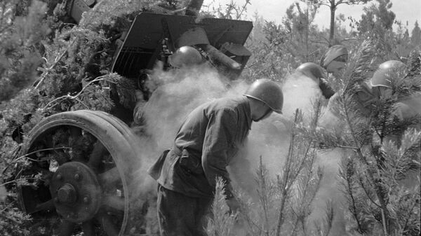 Артиллерийский расчет 2-й ударной армии ведет огонь по врагу в районе Мясного бора. 1942 год