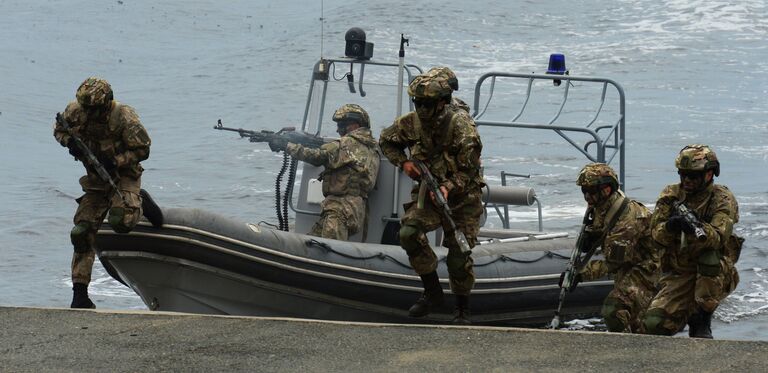 Высадка бойцов морского спецназа во время парада кораблей и военно-спортивного праздника по случаю празднования Дня Военно-морского флота России во Владивостоке. 30 июля 2017