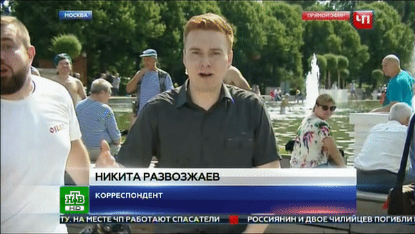 Корреспондента НТВ побили в прямом эфире у фонтана с десантниками