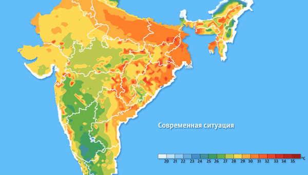 Карты температур «мокрого термометра» в Южной Азии сегодня и через 100 лет