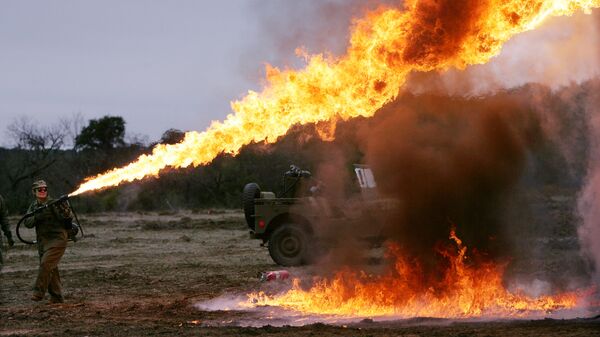 Демонстрация огнемета перед началом реконструкции сражения в Иводзиме на ранчо в Техасе